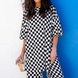 Dressed in LALA Black and White Checkered Mock Neck Tunic Top